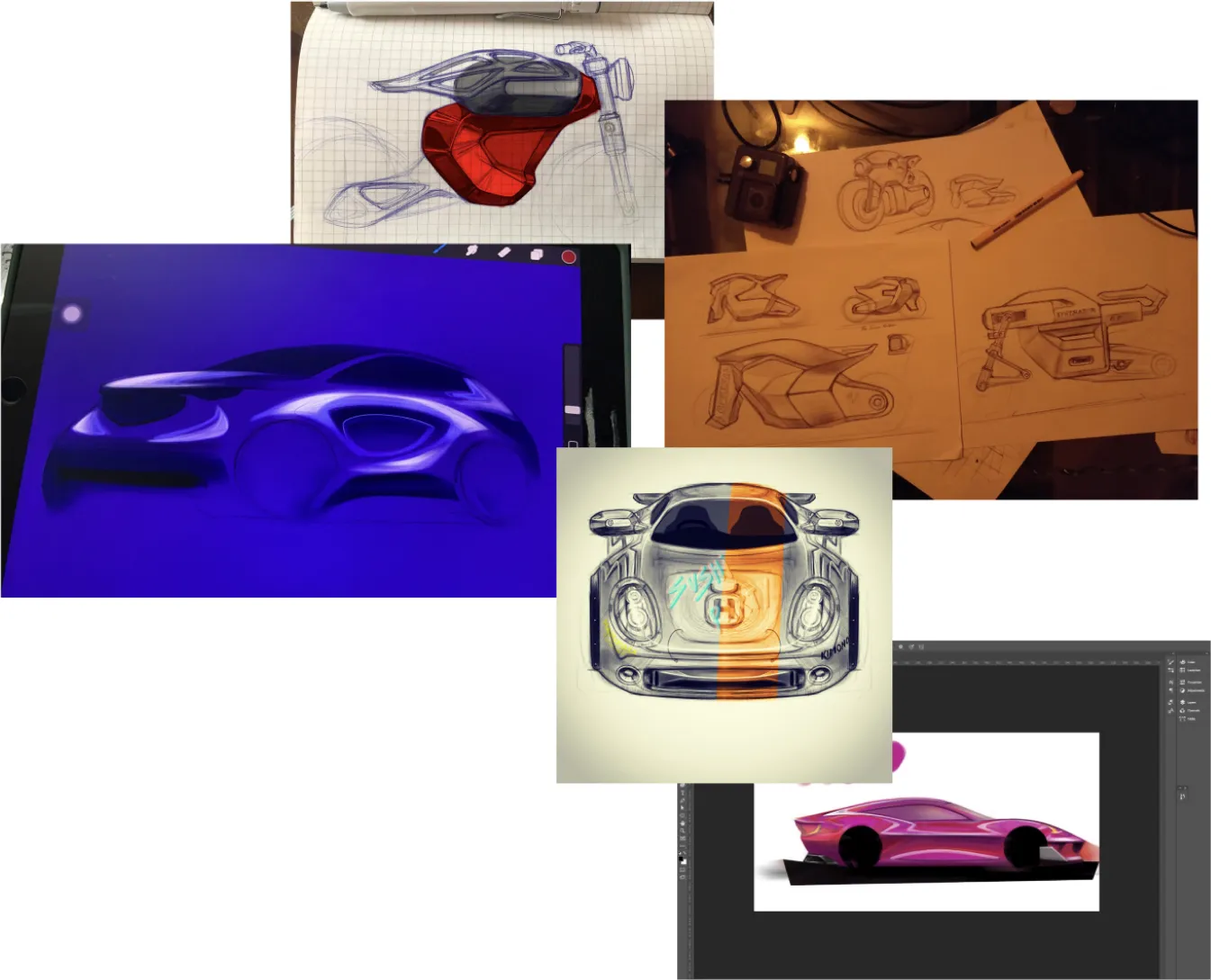 A collage of automotive and motorcycle concept sketches: pen on grid paper, pencil roughs, a tablet rendering, and a car body in Photoshop.